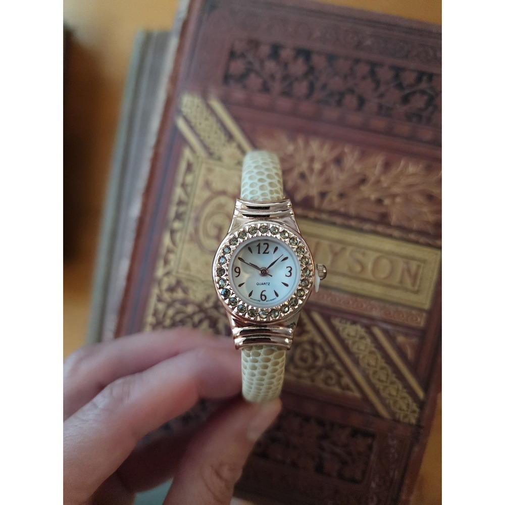 Geneva Womens Rose Gold Tone Snakeskin Embossed Crystal Bezel Hinged Cuff Watch